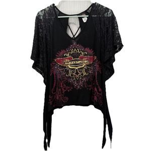 Harley Davidson Y2K Asymetrical Kimono Lace Sleeve Women’s Top Size S Bling Stud